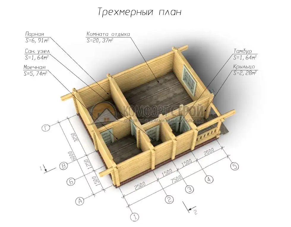 Проект бани «Сосна» из оцилиндрованного бревна —