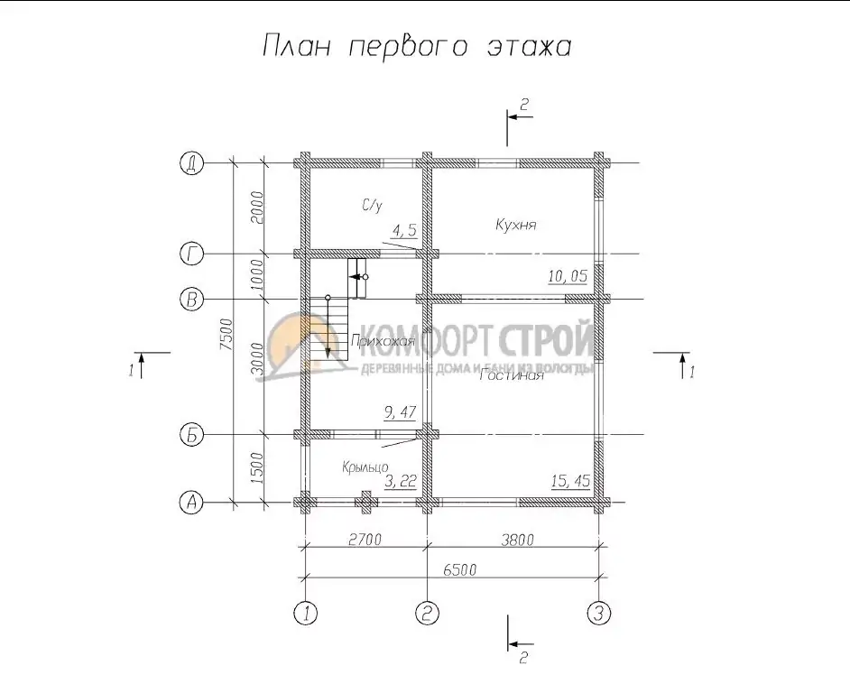 Проект дома «Александров» из оцилиндрованного бревна — План 1 этажа