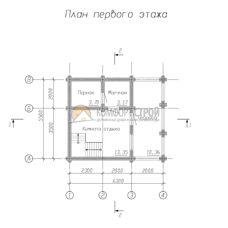 Проект дома-бани «Сказка» из оцилиндрованного бревна — План 1 этажа