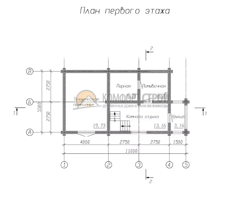 Проект дома «Климовск» из оцилиндрованного бревна — План 1 этажа