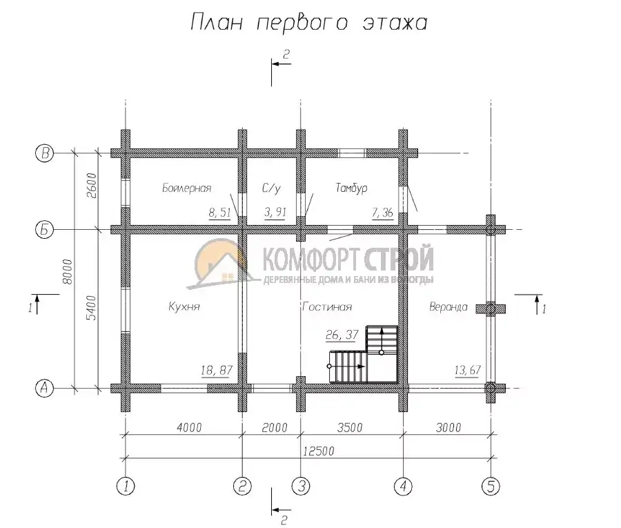 Проект дома «Гурьево» из оцилиндрованного бревна —