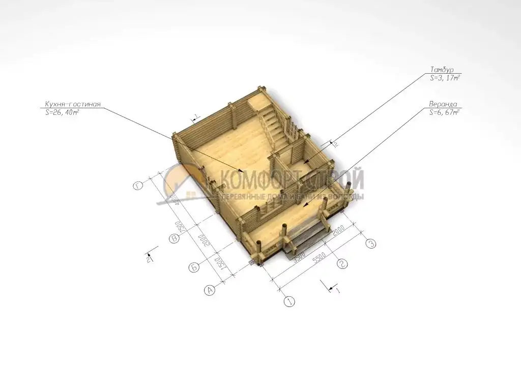 Проект дома «Ярославль» из оцилиндрованного бревна — План 1 этажа 3D