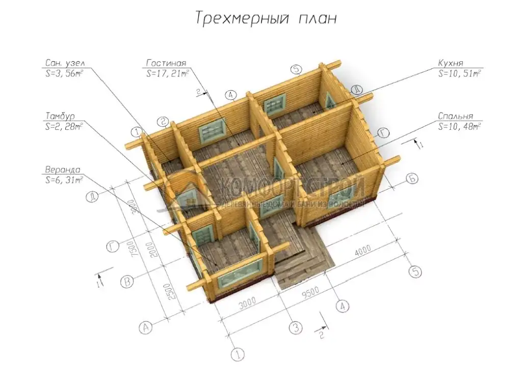 Проект дома «Дачный домик» из оцилиндрованного бревна —