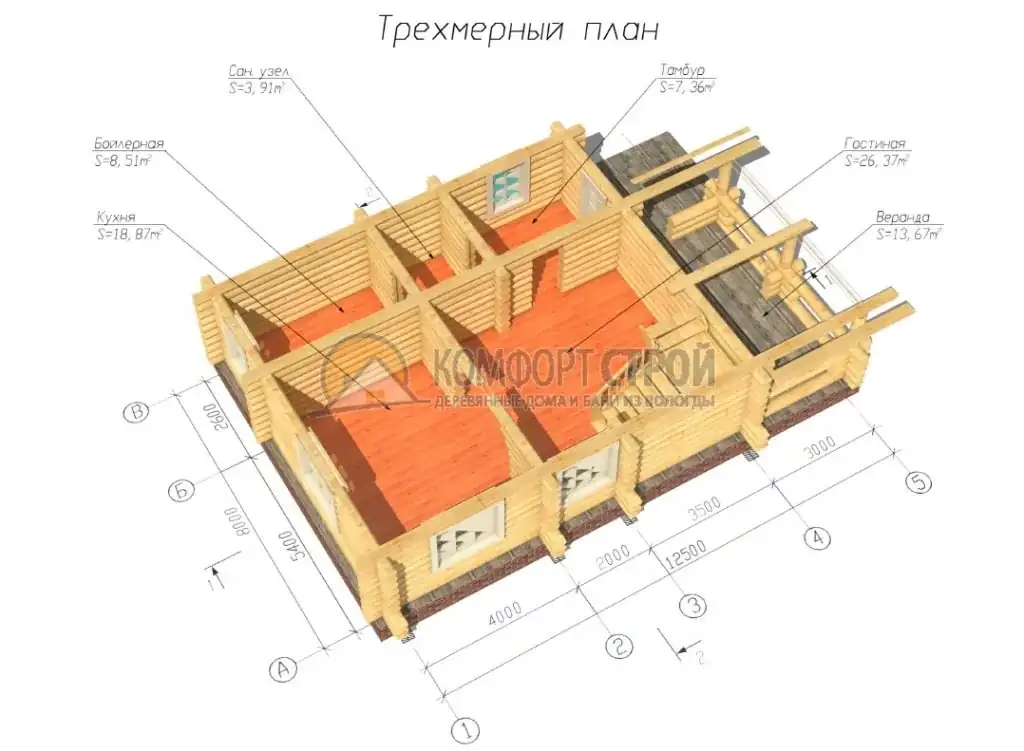 Проект дома «Гурьево» из оцилиндрованного бревна —