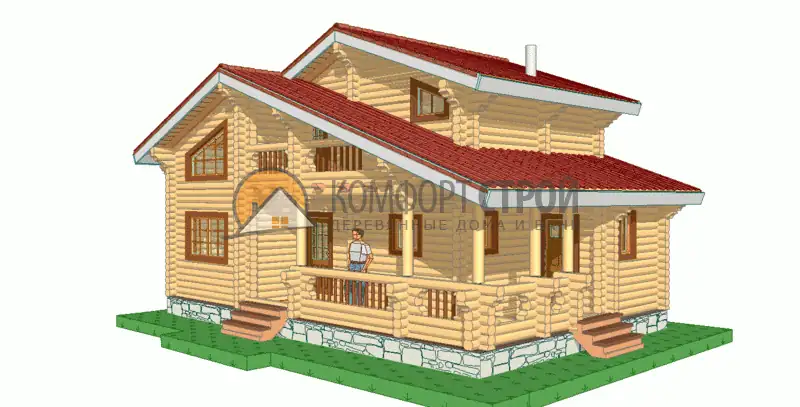 Проект дом-баня 95 кв.м 7х10.8 из оцилиндрованного бревна