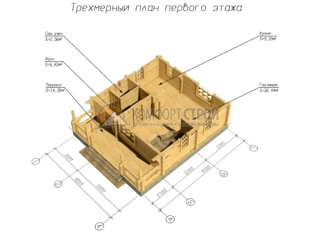Проект дома «Берендеево» из оцилиндрованного бревна — План 1 этажа