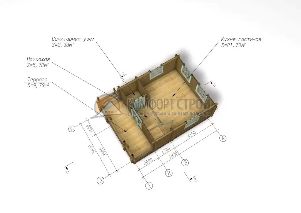 Проект дома «Клин» из оцилиндрованного бревна — План 1 этажа 3D