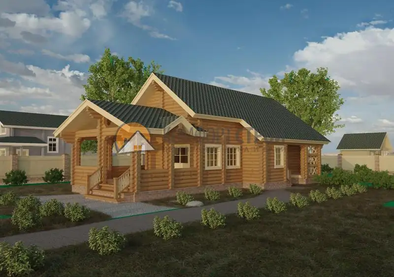 Проект дом-баня 153.21 кв.м 7.4х16.6 из оцилиндрованного бревна