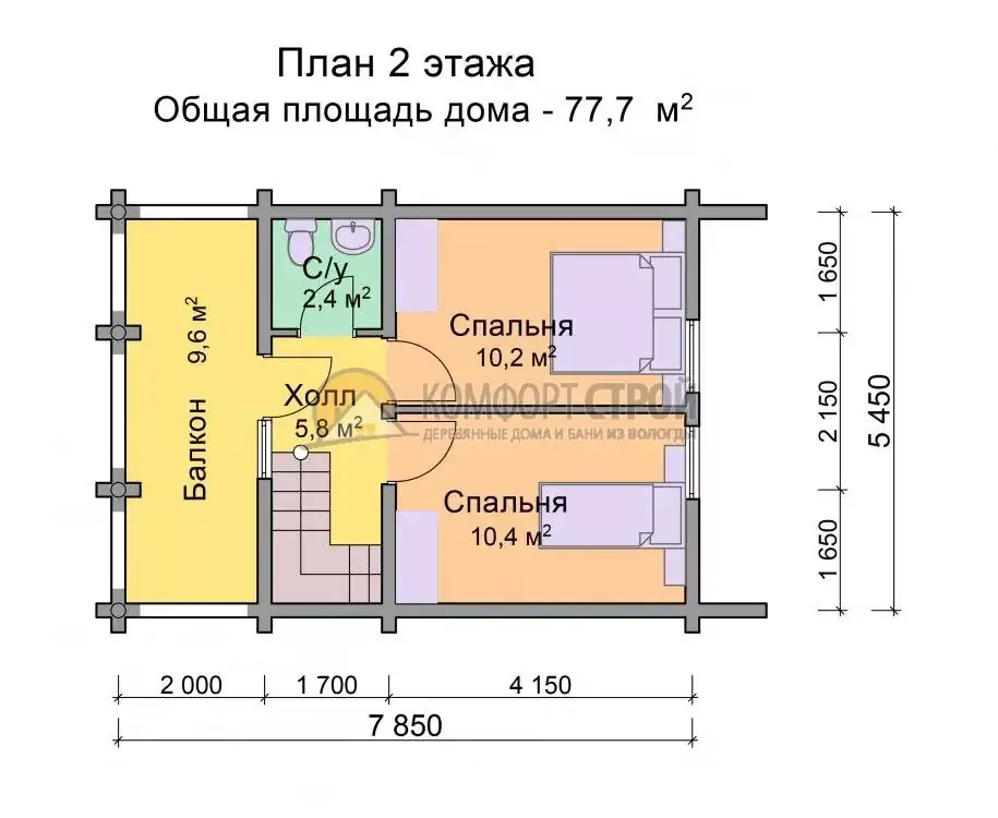 Проект дома «Клин» из оцилиндрованного бревна — План 2 этажа