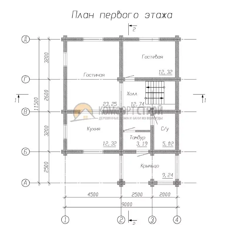 Проект дома «Агеево» из оцилиндрованного бревна — План 1 этажа